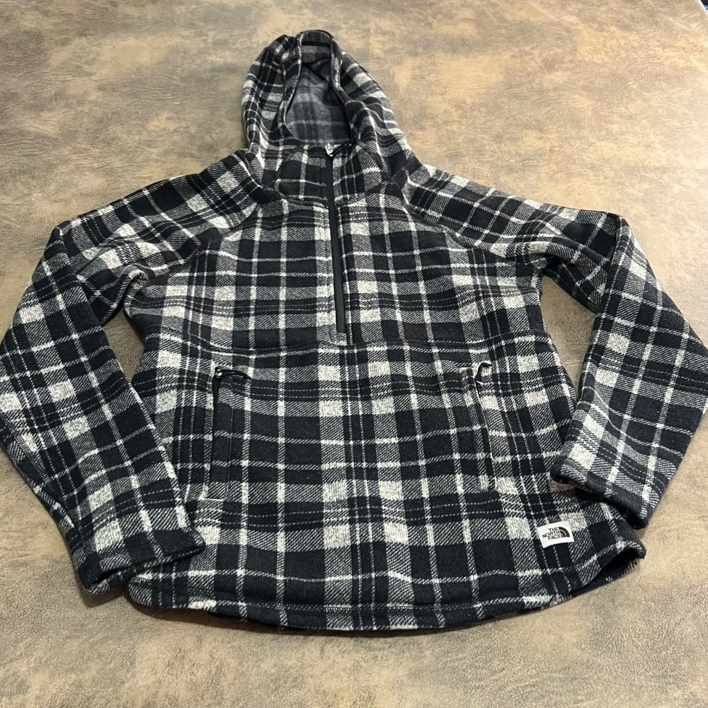The North Face‎ Fleece Hoodie Womens Medium Black White Plaid Crescent 1/4 Zip